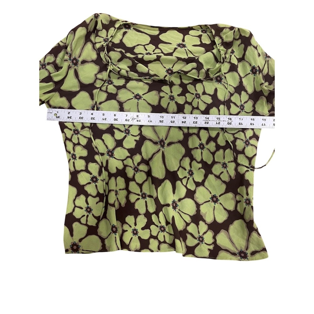 Retro Floral V-Neck Tie Front Blouse Lime Green Brown Long Sleeve Top - Picture 10 of 11